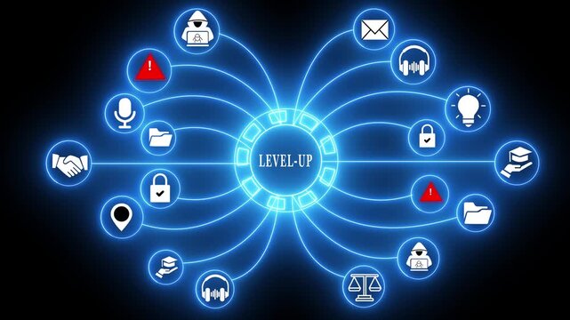 Glowing blue neon network diagram with central ' LEVEL- UP' text and radiating circles connection - Powered by Adobe