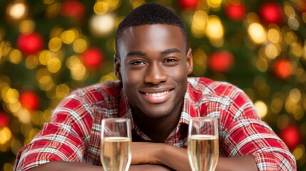 A cheerful young black man enjoys a joyful celebration with sparkling drinks in front of a beautifully decorated Christmas tree, radiating happiness and warmth