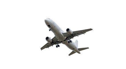 Naklejka premium A modern, sleek commercial passenger airplane with a polished silver exterior and extended landing gear, captured in a low-angle shot against a transparent background with copy space, Concept for