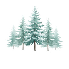 Five delicate watercolor evergreen pine trees, soft pale green, subtle teal, faded snow-dusted, isolated on transparent with misty wash and copy space, serene winter illustration