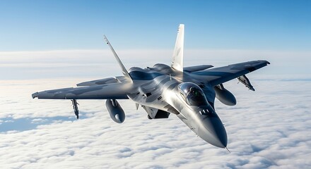 Fighter jet flying high above clouds in a clear blue sky