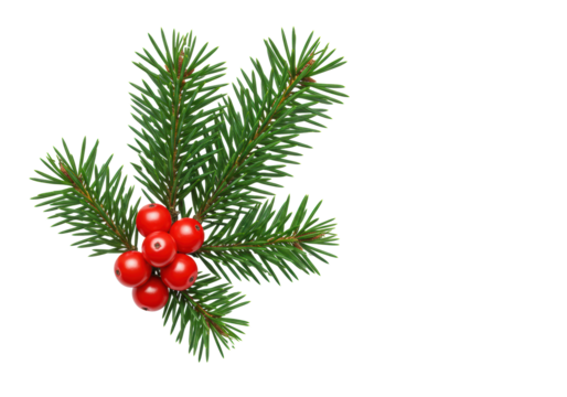 A fresh, vibrant green pine branch with sharp needles, adorned with two clusters of glossy red holly berries, isolated on a transparent background with copy space, Winter holiday season atmosphere