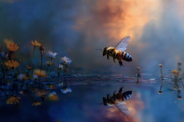 vibrant bee flying over calm water