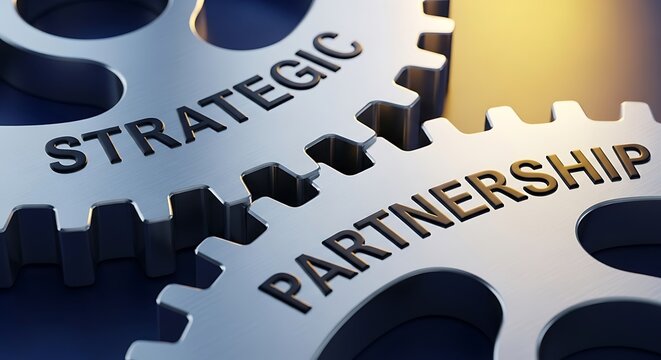 Interlocking metal gears prominently display the words strategic partnership and leadership symbolizing collaboration and a well oiled business process high quality