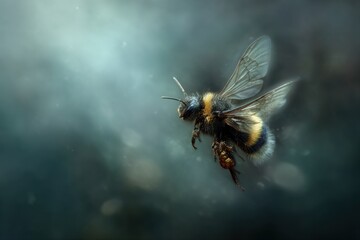 fuzzy bumblebee hovering in misty blue atmosphere