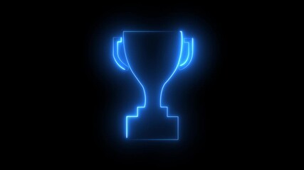 Blue Neon champions Cup. Sports trophy, a prize to the winner Icon with star and laurel wreath. Neon icon.