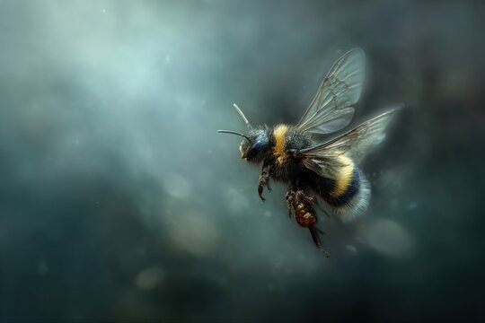 fuzzy bumblebee hovering in misty blue atmosphere