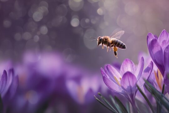 honeybee hovering near vibrant crocus blooms