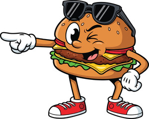 Cool cartoon hamburger character pointing isolated on transparent background