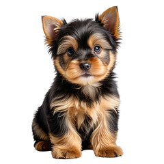 Small black and tan puppy with pointy ears, looking at the camera