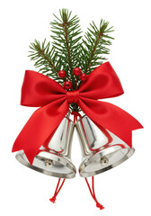 Two polished silver holiday bells, scarlet red satin bow, green pine sprig, red silk cords, isolated on seamless transparent background with copy space, Christmas holiday decor elegance