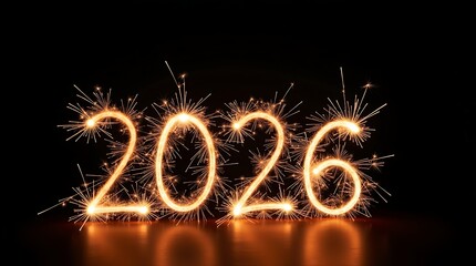 Sparkling 2026 numbers illuminated by fireworks against a dark background