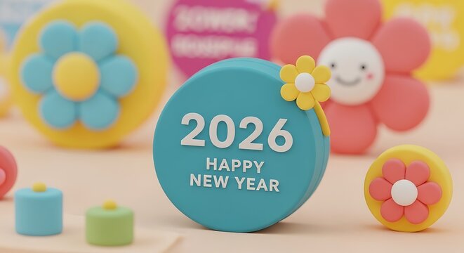 Celebrate a cheerful Happy New Year 2026 with vibrant floral decorations, bringing joy and optimism for the future, perfect for cards and invitations