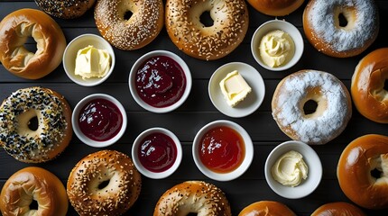 Close-up of fresh bagels with butter, fruit spreads and jams, morning meal and brunch for food lovers, print for National Homemade Bread Day and National Bagel Day.