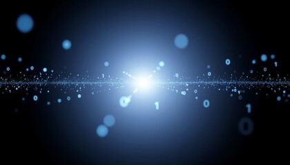 A bright glowing core emits binary digits forming a geometric plane, symbolizing data origin and processing