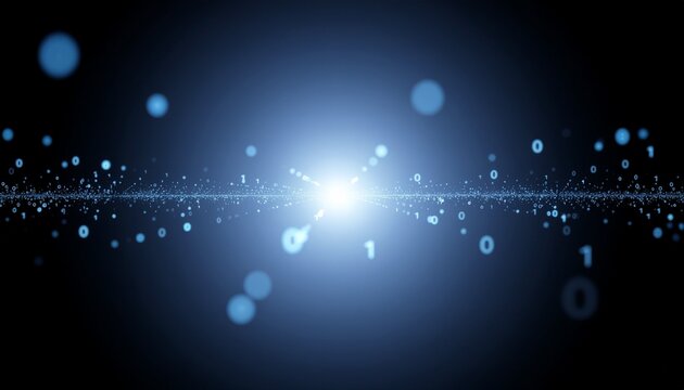 A bright glowing core emits binary digits forming a geometric plane, symbolizing data origin and processing
