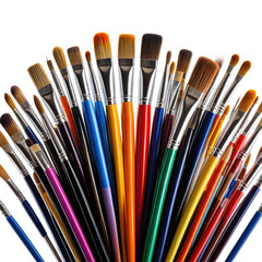Array of art paintbrushes with varying shapes and colors
