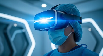 Surgeon wearing virtual reality headset in futuristic operating room