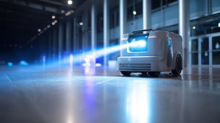 Obraz premium autonomous cleaning robot disinfecting shiny airport floors with blue laser light, close up, reflective surface, modern high tech environment