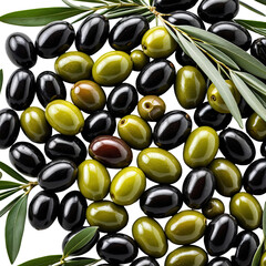 Olives Green, black, and brown olives with green leaves scattered about