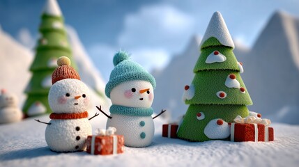3D Cartoon Snowmen with Presents and Christmas Tree in Snowy Landscape, Soft Matte Animation Style