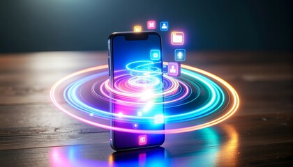 A smartphone glows at the center of a swirling neon light vortex, surrounded by floating app icons