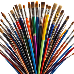 Assortment of art paint brushes in a fan pattern on black background