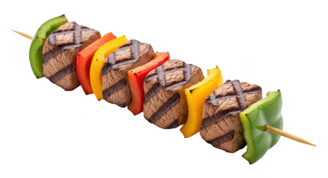 Grilled meat and vegetable skewer on black kebab beef