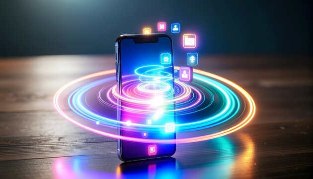 A smartphone glows at the center of a swirling neon light vortex, surrounded by floating app icons