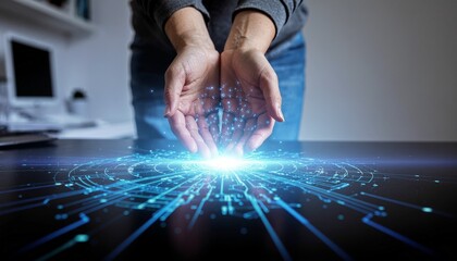 Hands hover over a desk where glowing blue digital particles and data lines stream outward.