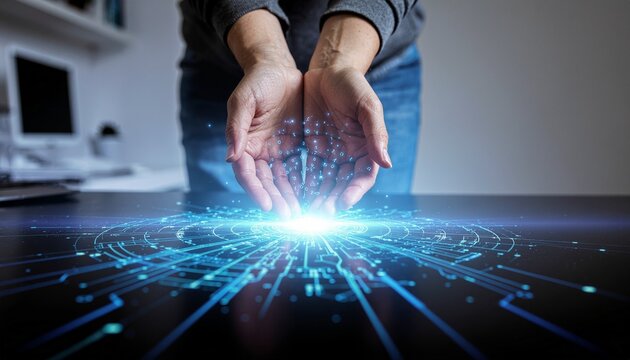 Hands hover over a desk where glowing blue digital particles and data lines stream outward.