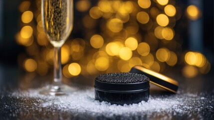 black caviar tin on crushed ice, glass of champagne nearby, blurred golden lights in background, luxury evening mood, bokeh, rich tones, refined