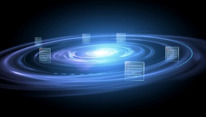 Holographic documents rotate within a bright, neon-blue spiral vortex of data in a dark, abstract space.