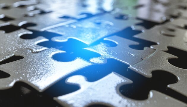 Metallic puzzle pieces with a glowing blue connection point, symbolizing business integration and system solution.