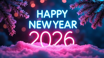 Happy new year 2026 neon sign illuminated against snowy festive background