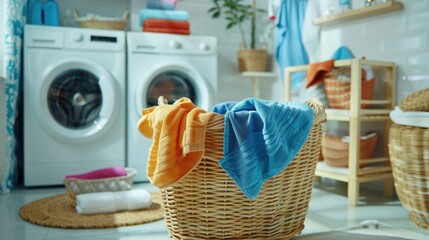 A laundry basket filled with a variety of colorful bright clothes stands in the bathroom against the background of a washing machine.