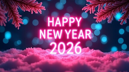 Vibrant neon happy new year 2026 greeting with festive snow and fir branches