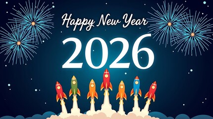 Happy new year 2026 with rockets launching and fireworks display