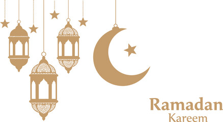 Traditional islamic ramadan lanterns and crescent moon with stars on a white background