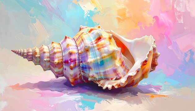 A large, ornate seashell rendered in a vibrant, impressionistic style against a pastel, blurred background