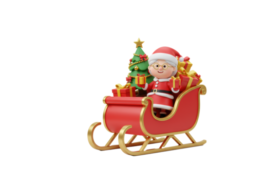 Charming 3d mrs. claus in red dress, holds gift/candy cane, in stylized sleigh with presents, flying gifts/flakes, white background, magical christmas holiday concept.