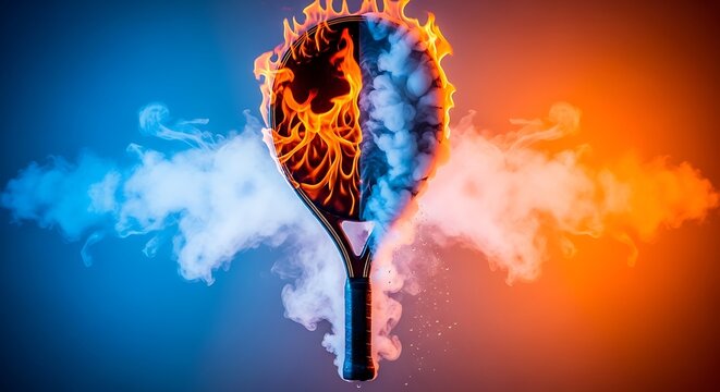 Tennis racket engulfed in flames with contrasting blue and orange smoke