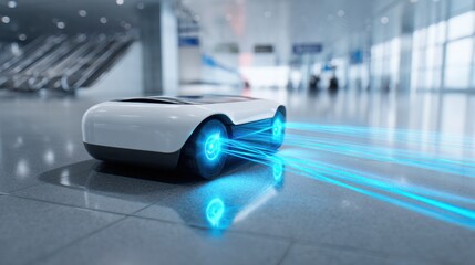 autonomous cleaning robot disinfecting shiny airport floors with blue laser light, close up, reflective surface, modern high tech environment