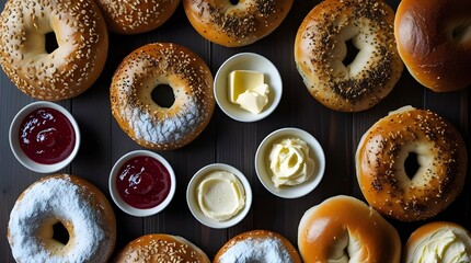 Close-up of fresh bagels with butter, fruit spreads and jams, morning meal and brunch for food lovers, print for National Homemade Bread Day and National Bagel Day.