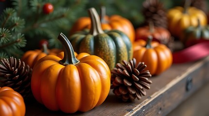 Autumn harvest display with pumpkins pinecones and festive greenery