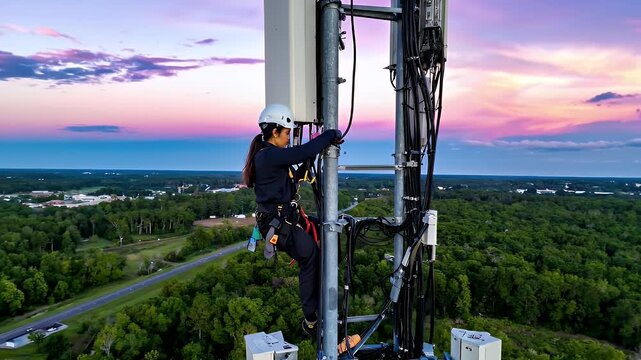 Technician Wearing Hard Hat Climbs Cell Tower Working on Antennas with Cityscape and Sunset Sky Background