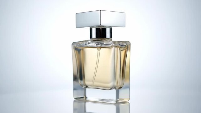 Elegant glass perfume bottle with silver cap, reflecting light and showcasing its luxurious amber liquid for a sophisticated beauty product