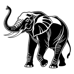 Fototapeta premium Stylized walking elephant silhouette, isolated black and white vector illustration with trunk up