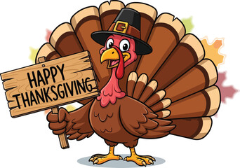 Cartoon thanksgiving turkey holding happy thanksgiving sign isolated on transparent background