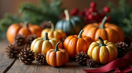 Autumn harvest display of pumpkins pinecones and greenery on rustic wood